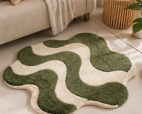 Green and cream wavy rug